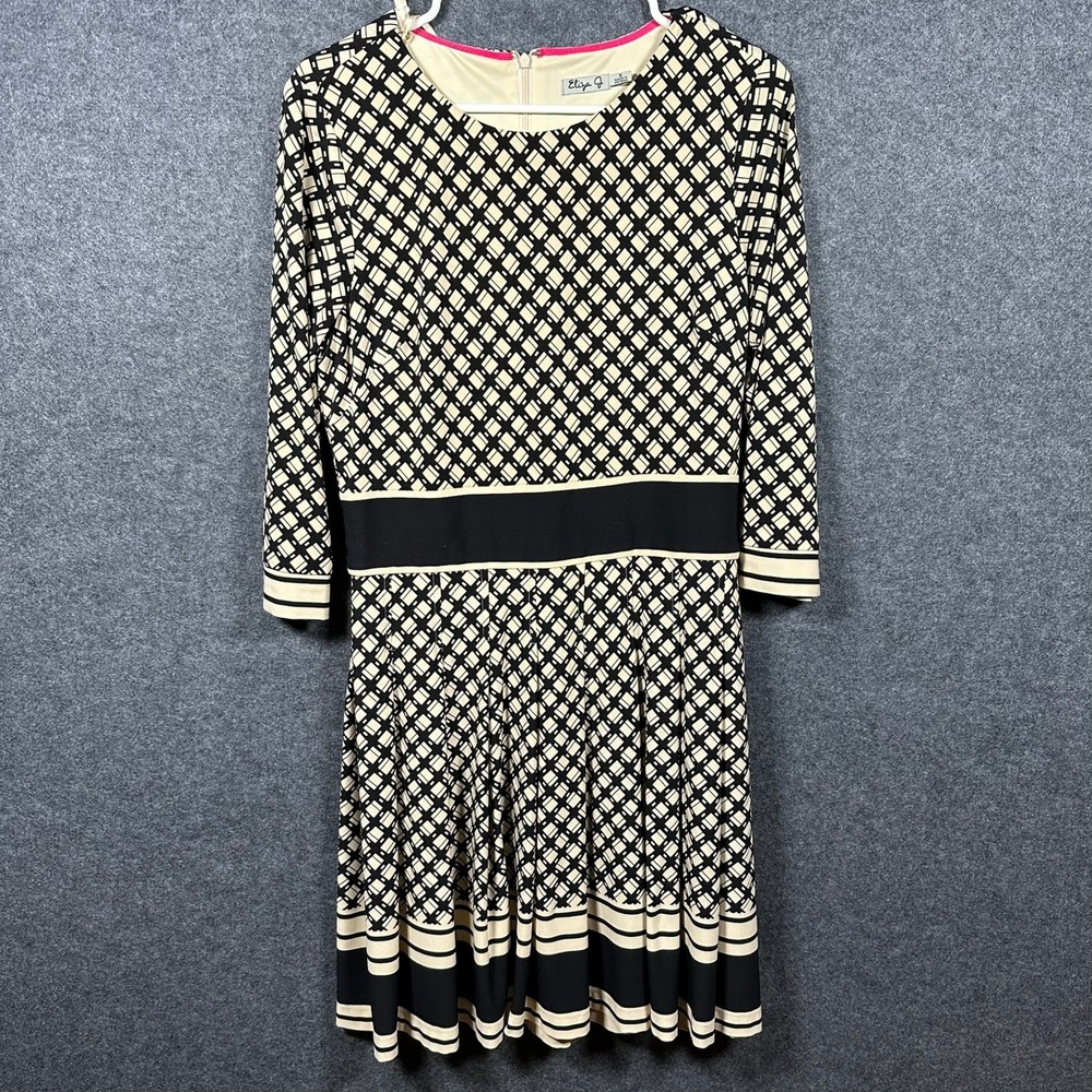 Eliza‎ J Geometric Print Fit Flare Dress Black Cream Size 8